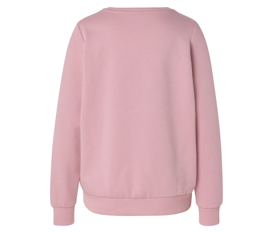 Un sweat-shirt rose vu de dos, avec des manches longues, des poignets et un ourlet côtelés.