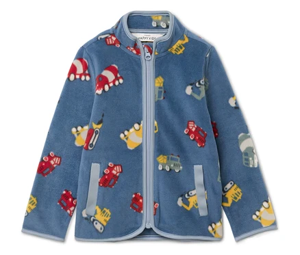 Veste polaire bleue zippée avec motifs de véhicules colorés.