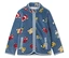 Veste polaire bleue zippée avec motifs de véhicules colorés.