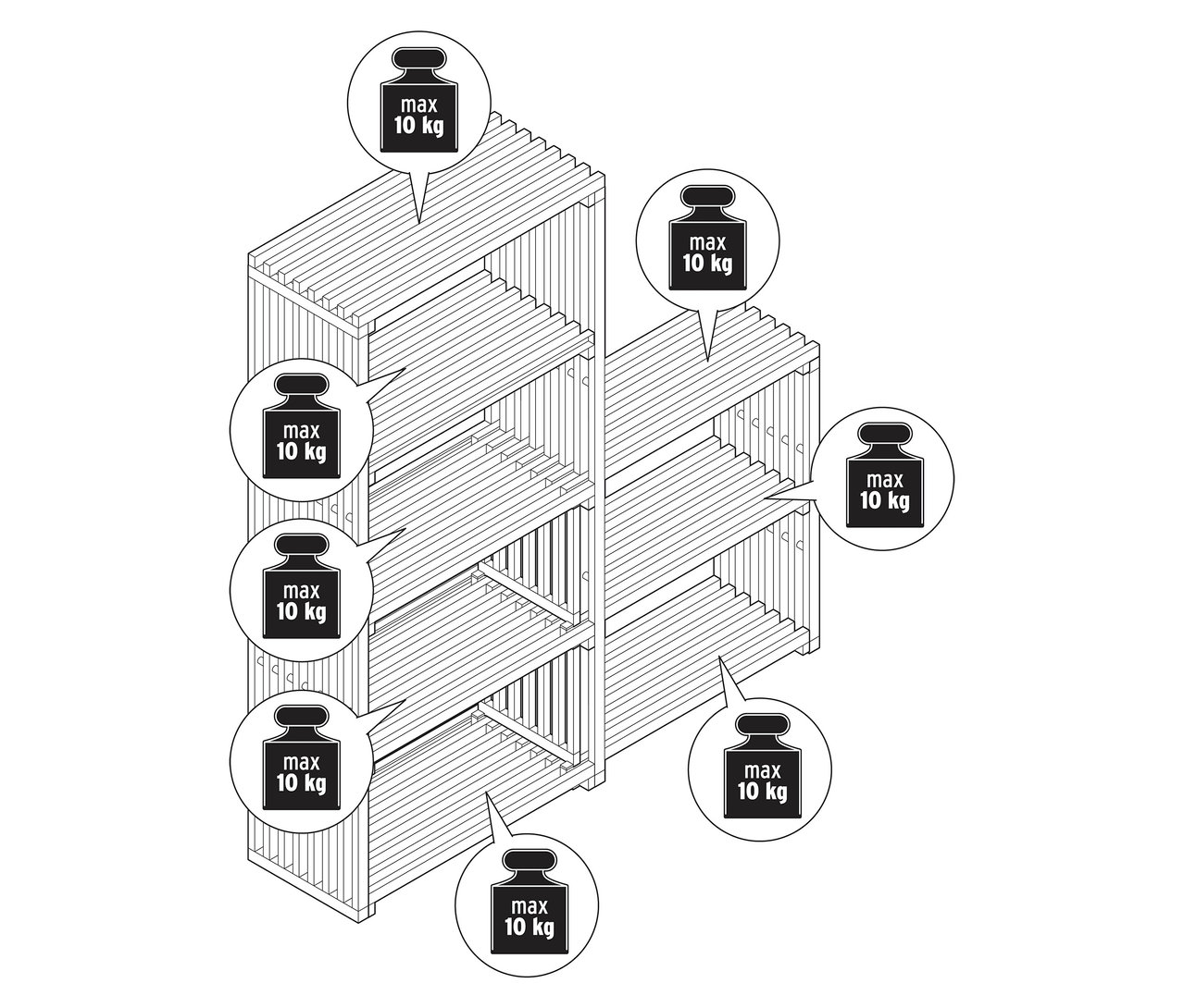 Dessin d'une étagère extensible « FLEKSIBEL » avec marquages de poids.