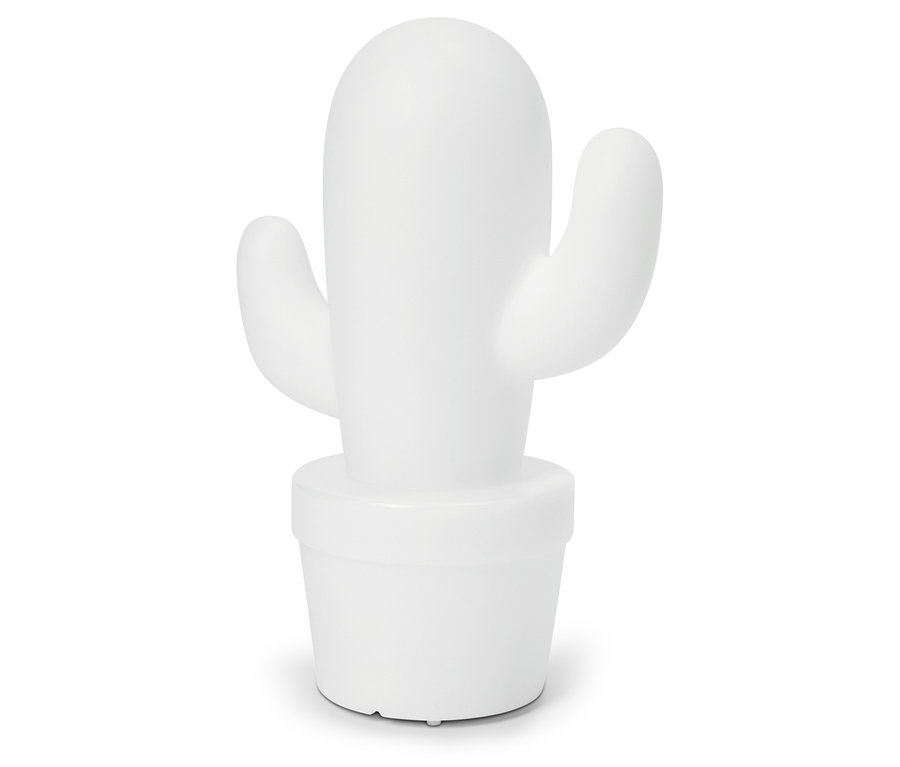 Une lampe cactus blanche dans un pot sur un fond blanc.