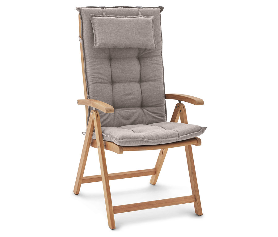 Chaise de jardin en bois avec coussins gris et oreiller.