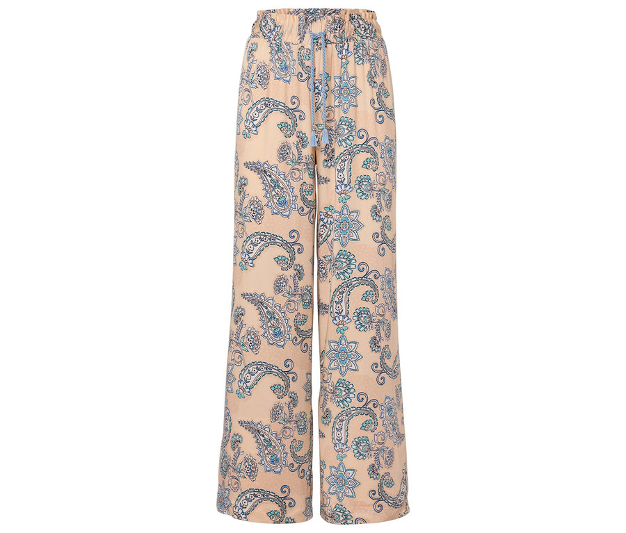 Pantalon beige large avec motif cachemire bleu.