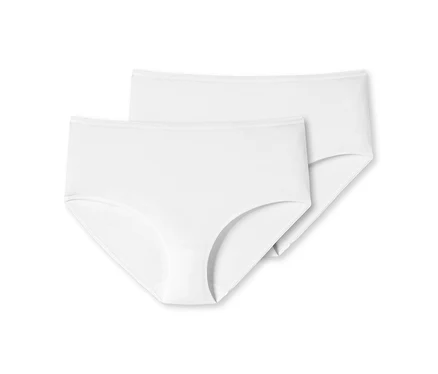 Deux culottes blanches pour femme, l'une chevauchant l'autre, sur un fond blanc.