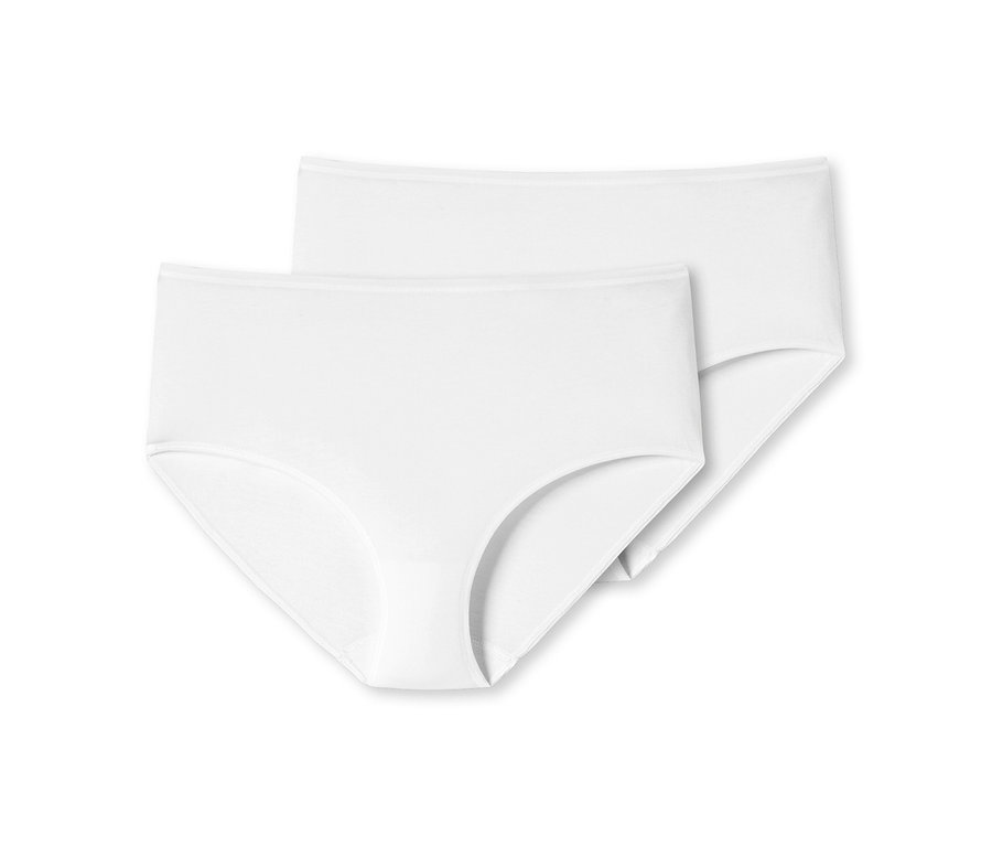 Deux culottes blanches pour femme, l'une chevauchant l'autre, sur un fond blanc.