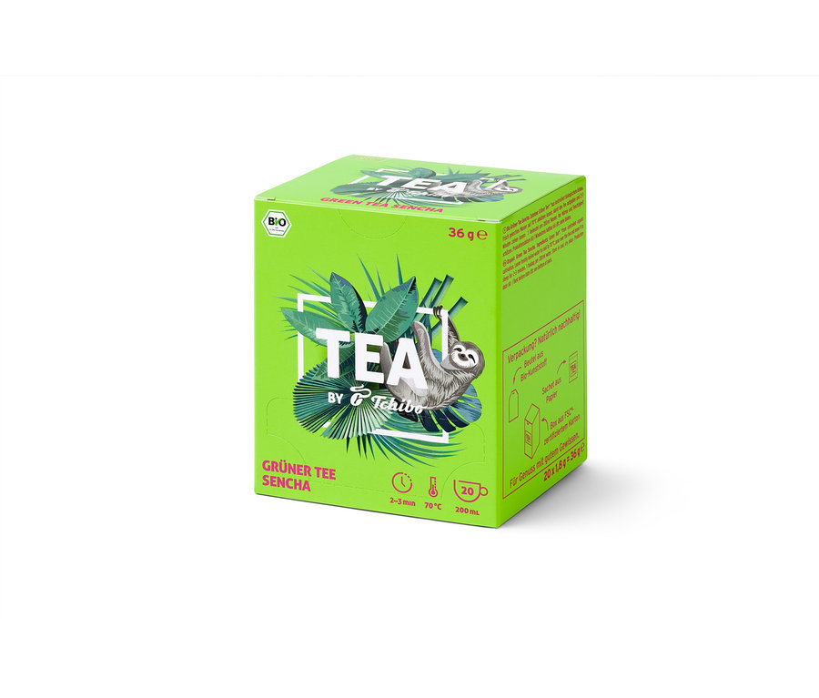 Paquet vert de thé BIO TEA by Tchibo Sencha avec un paresseux.