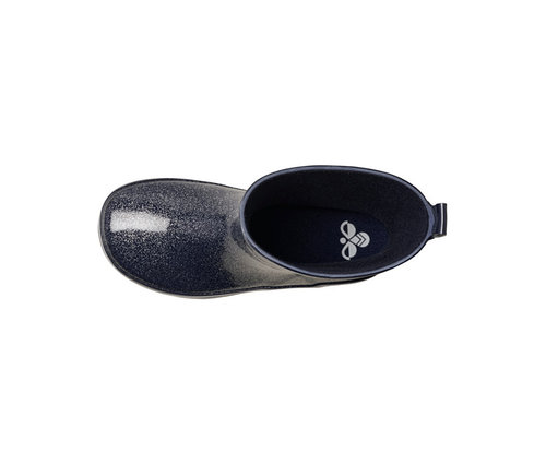 Botte en caoutchouc hummel® « Rubber Boot Glitter » noire vue de dessus, avec finition pailletée et logo hummel sur la semelle intérieure bleu foncé.