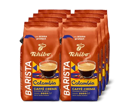 Plusieurs paquets de café en grains Tchibo Barista Colombia Caffè Crema.