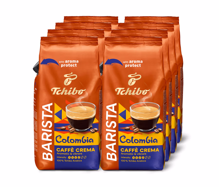 Plusieurs paquets de café en grains Tchibo Barista Colombia Caffè Crema.