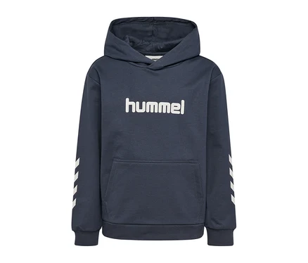 Sweat à capuche hummel® HMLJR Logo bleu foncé avec un logo hummel blanc sur la poitrine, une poche kangourou et des chevrons blancs sur les deux manches.