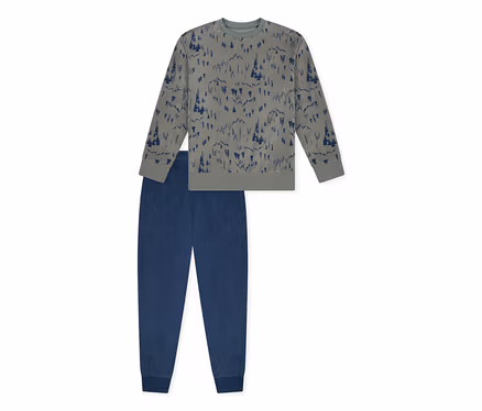 Pyjama pour enfant SCHIESSER avec bords-côtes, haut gris-vert à motif forêt et pantalon bleu.