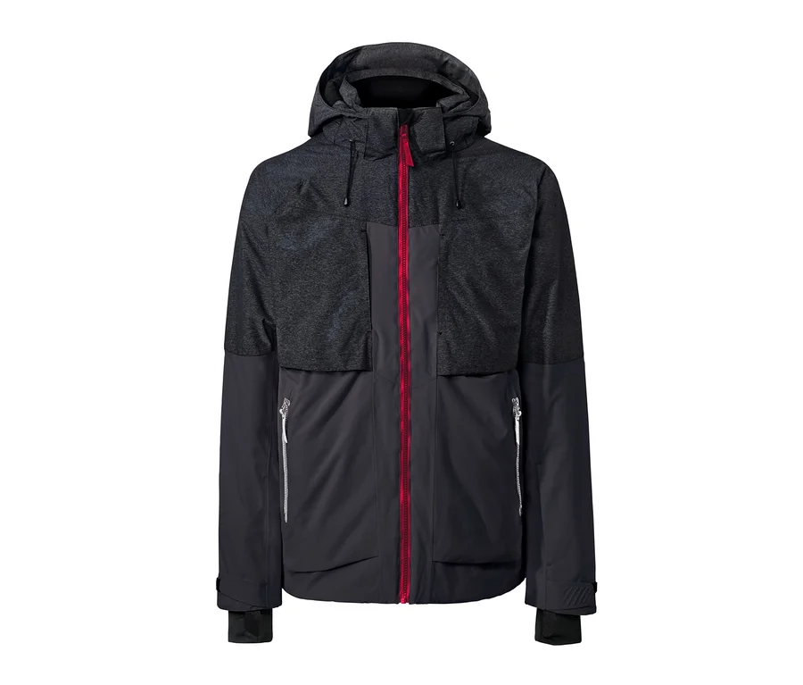 Veste de ski « High-End » noir et gris avec fermeture éclair rouge.