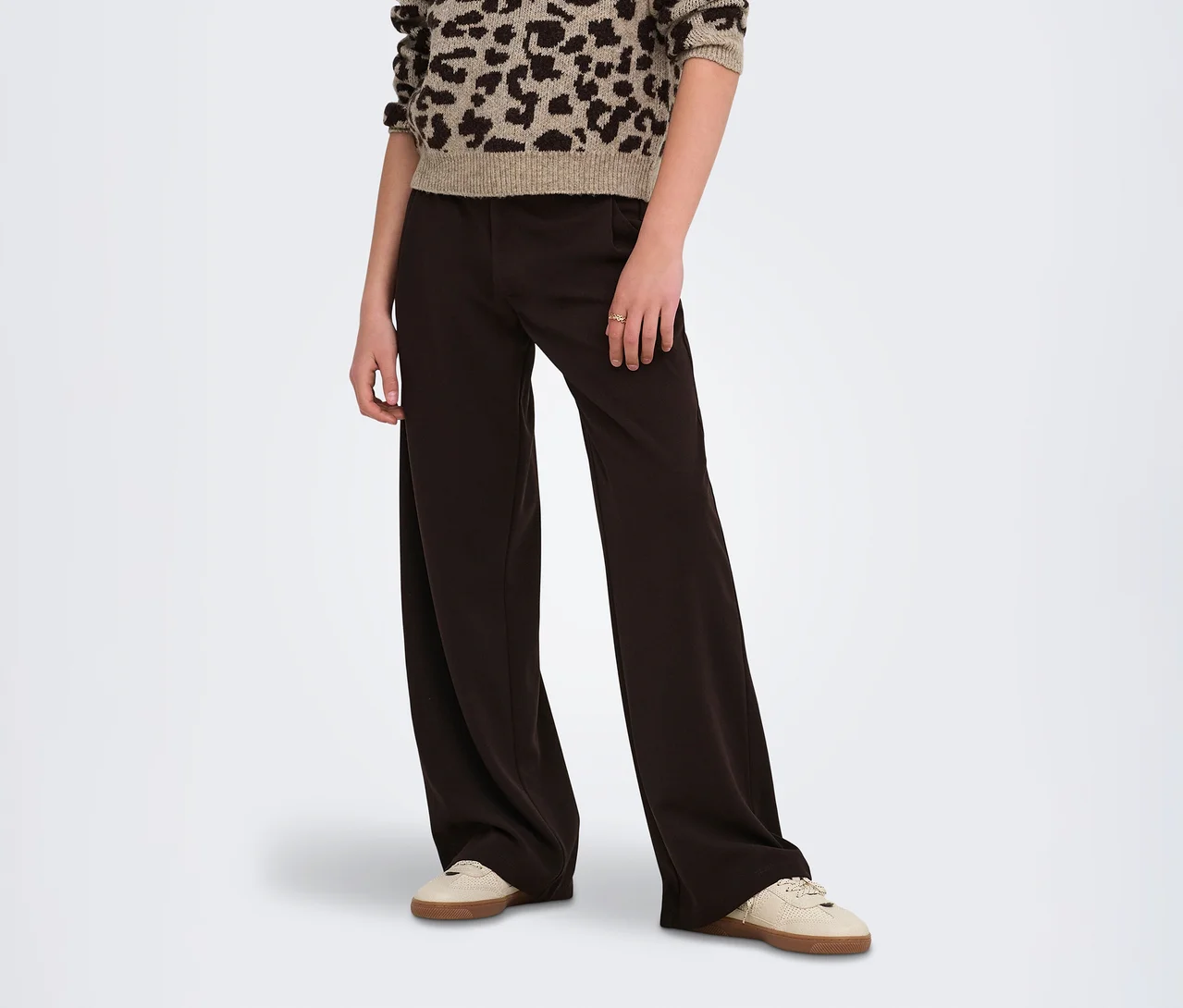 Personne portant un pull à imprimé léopard beige et marron, un pantalon large marron foncé et des baskets beige clair.