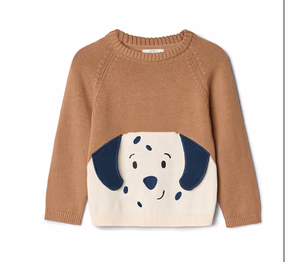 Pull enfant marron avec un visage de chien blanc et bleu sur le devant.