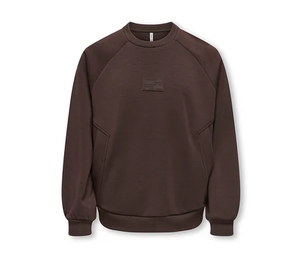 Sweat-shirt marron foncé à col rond, manches raglan, poignets et ourlet côtelés, avec un écusson rectangulaire en relief sur la poitrine.