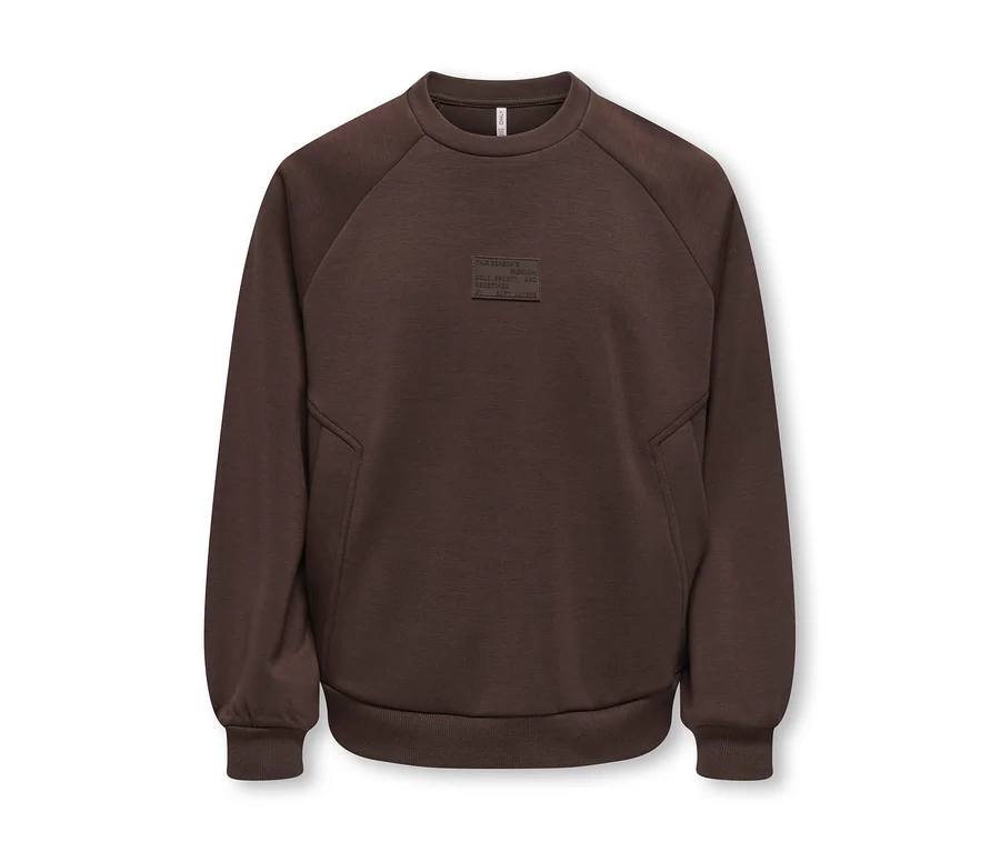 Sweat-shirt marron foncé à col rond, manches raglan, poignets et ourlet côtelés, avec un écusson rectangulaire en relief sur la poitrine.