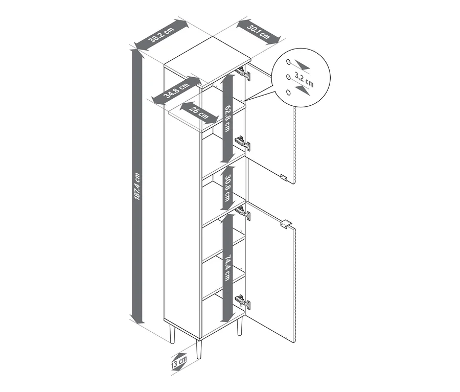 Dessin d'une armoire haute de salle de bains « SONARI » avec portes et dimensions.