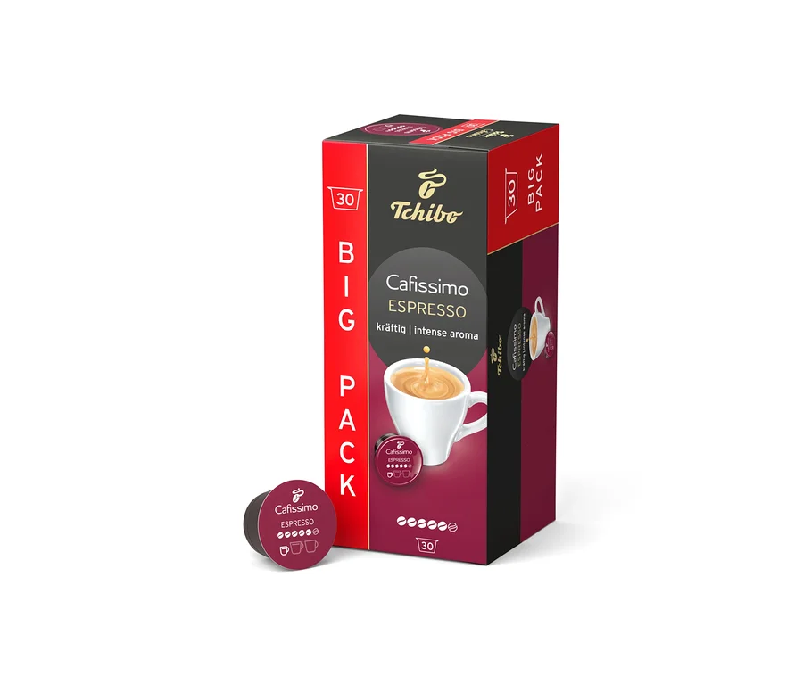 Une boîte rouge, noire et violet foncé de 30 capsules Tchibo Cafissimo Espresso, étiquetée "kräftig | intense aroma", est debout avec une capsule violet foncé devant.