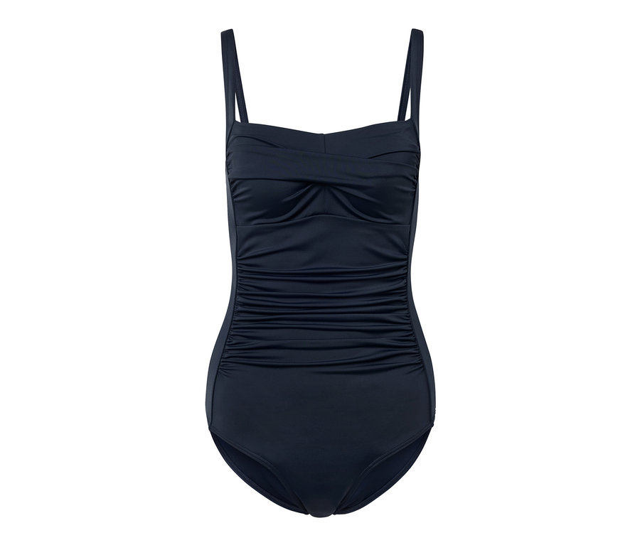 Maillot de bain modelant bleu sur fond blanc.