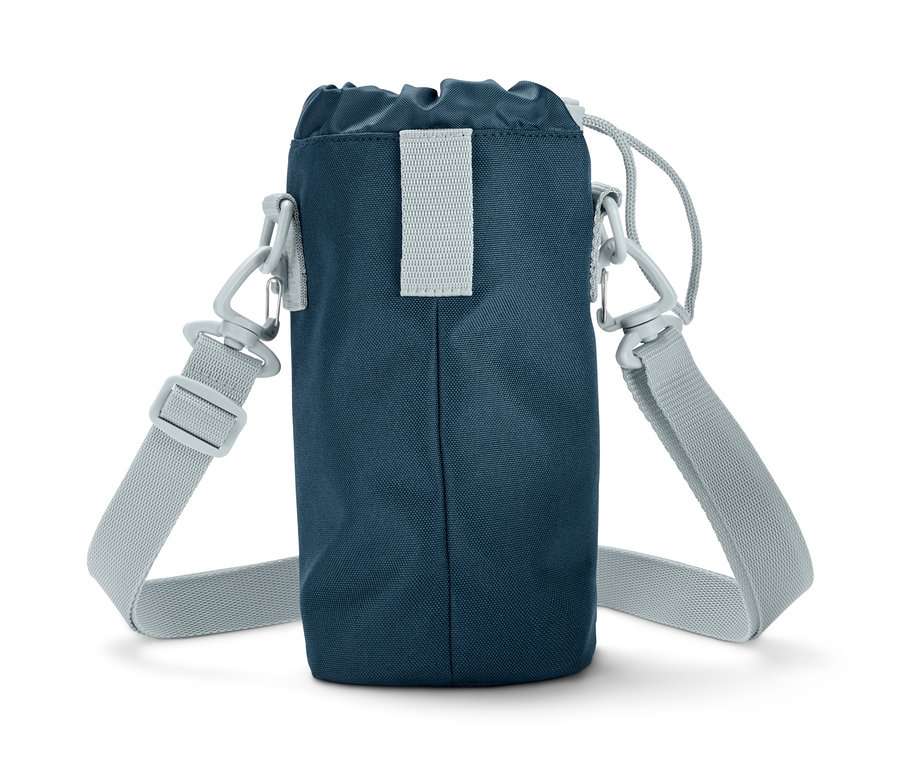Sac à bandoulière bleu pour bouteille.
