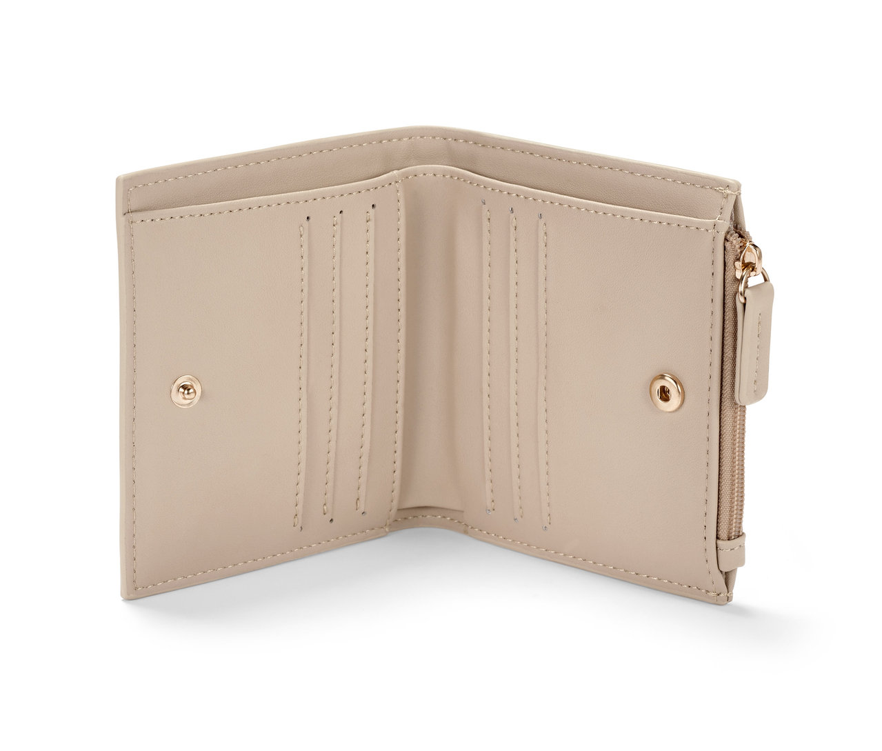 Un porte-monnaie ouvert couleur crème avec des fentes pour cartes.