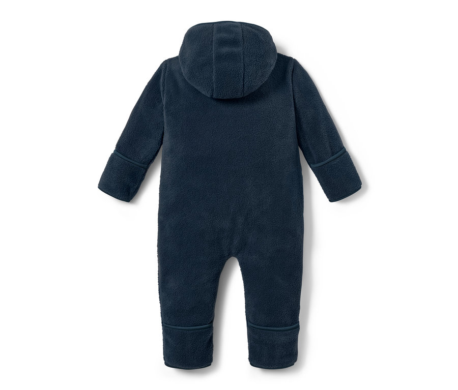 Combinaison en polaire bleu marine à capuche, vue de dos.