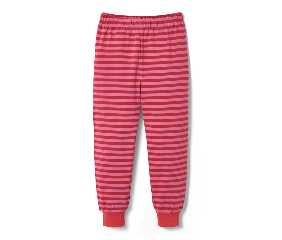 Pantalon de pyjama rayé rose et rouge.