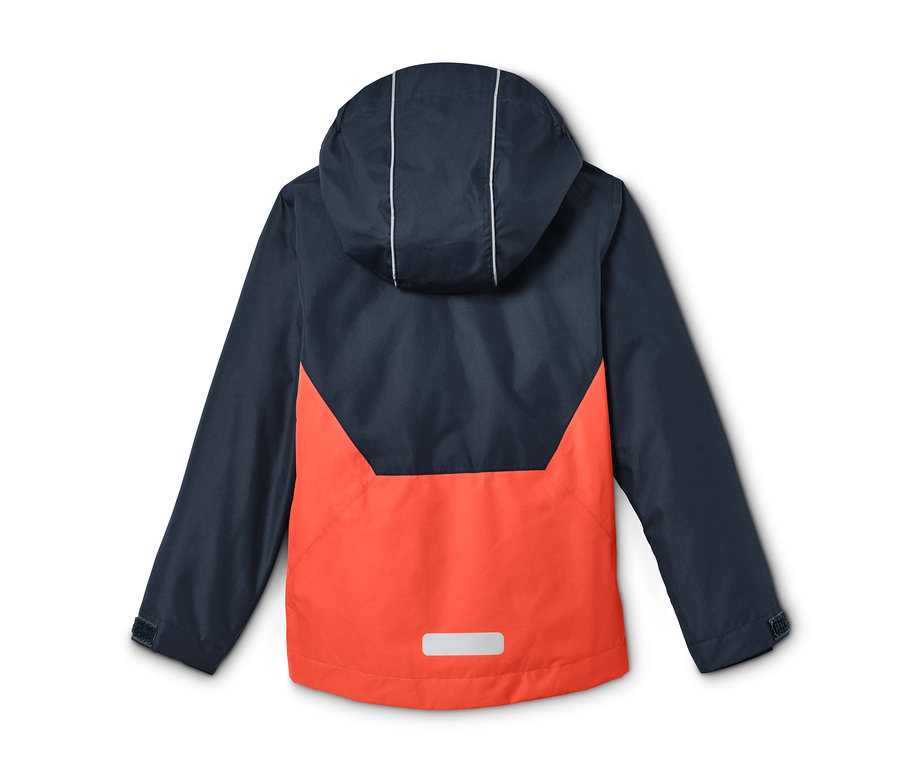 Vue arrière d'une veste de pluie bleu marine et orange avec capuche.