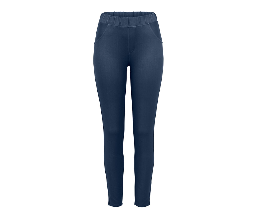 Legging bleu aspect jean sur fond blanc.