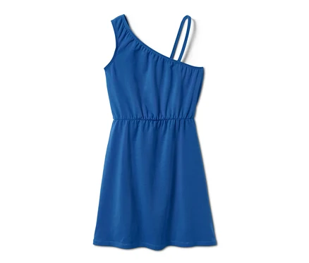 Robe en jersey bleue avec une bretelle.