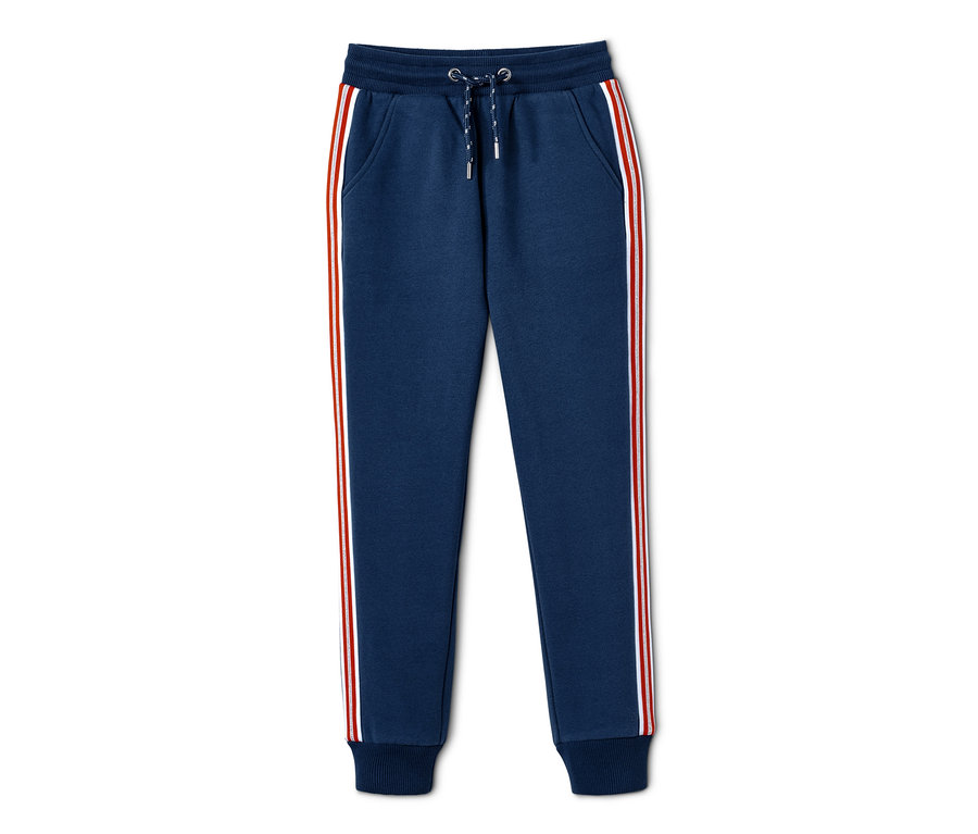 Pantalon molletonné bleu marine avec des rayures rouges et blanches sur les côtés.
