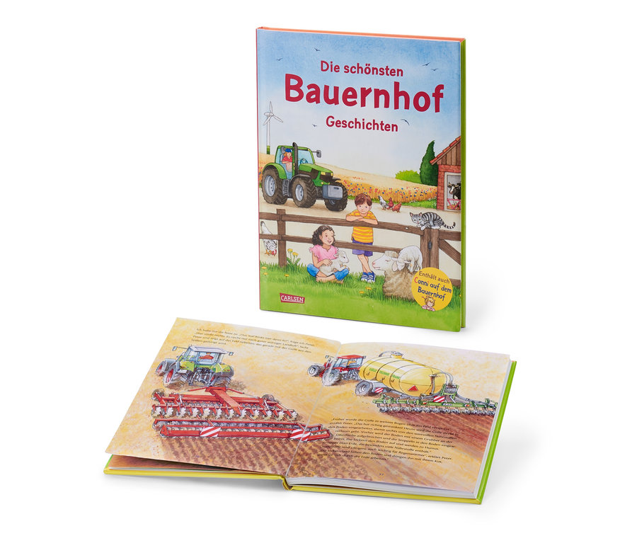 Le livre « Die schönsten Bauernhofgeschichten » illustre des machines agricoles et des enfants dans une ferme.