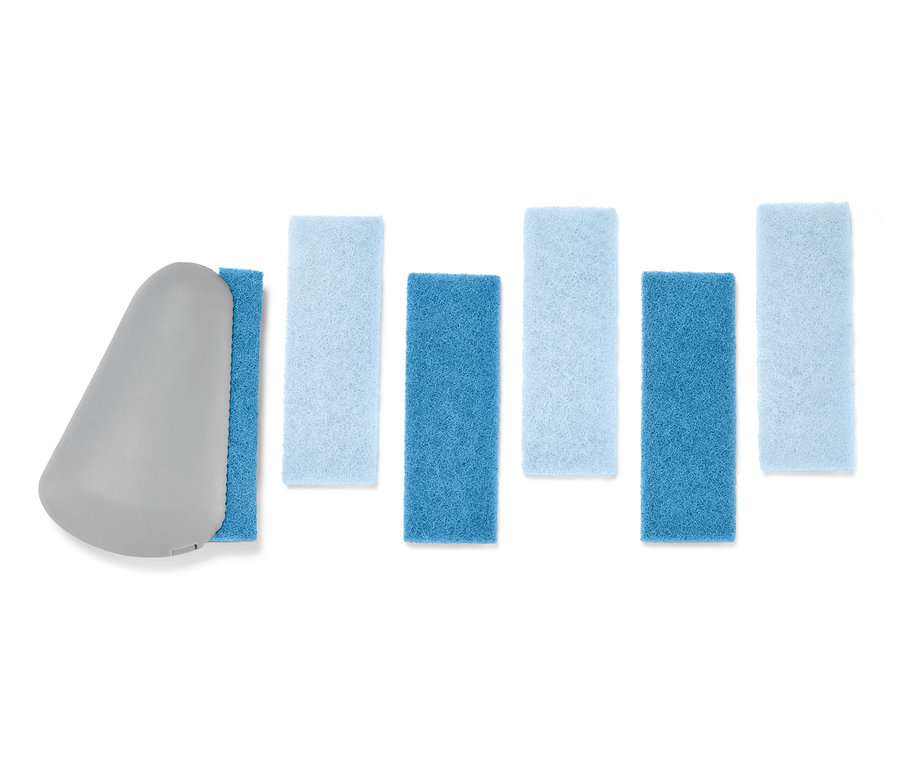 Raclette pour angles et joints avec six tampons de nettoyage.