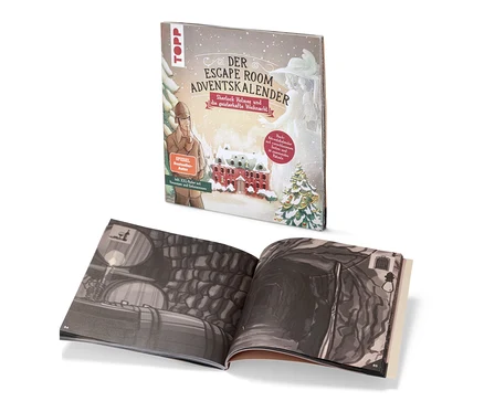 Livre ouvert avec des illustrations à côté du livre Escape-book calendrier de l'avent « Sherlock Holmes und die geisterhafte Weihnacht » (en allemand).