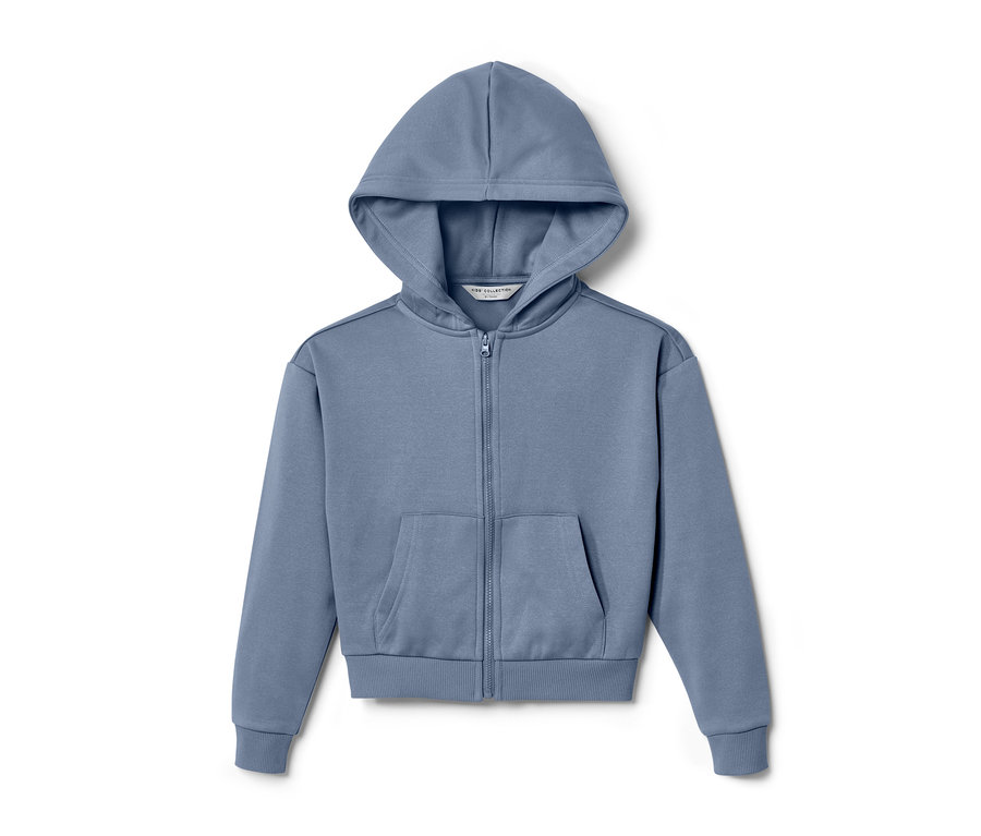 Un veste de sport bleu pour enfant avec fermeture éclair et capuche.