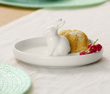 Assiette avec lapin de Pâques, Kouglof et groseilles rouges sur une table.