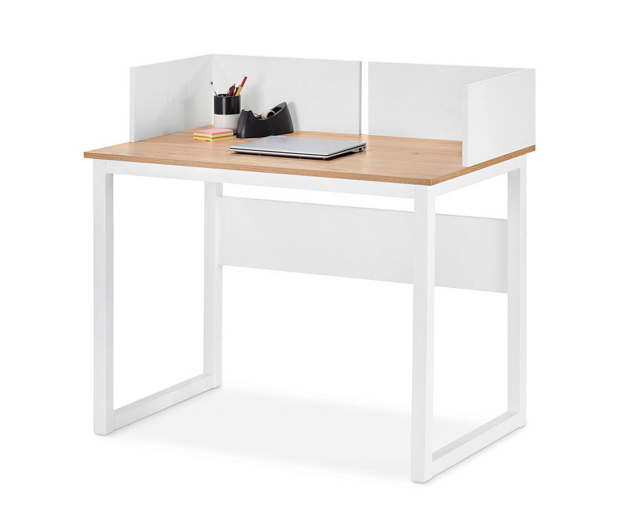 Secrétaire blanc avec bord latéral surélevé, avec un ordinateur portable, un stylo, un crayon et du ruban adhésif à côté.