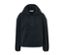 Pull à capuche en peluche bleu foncé avec poches zippées.