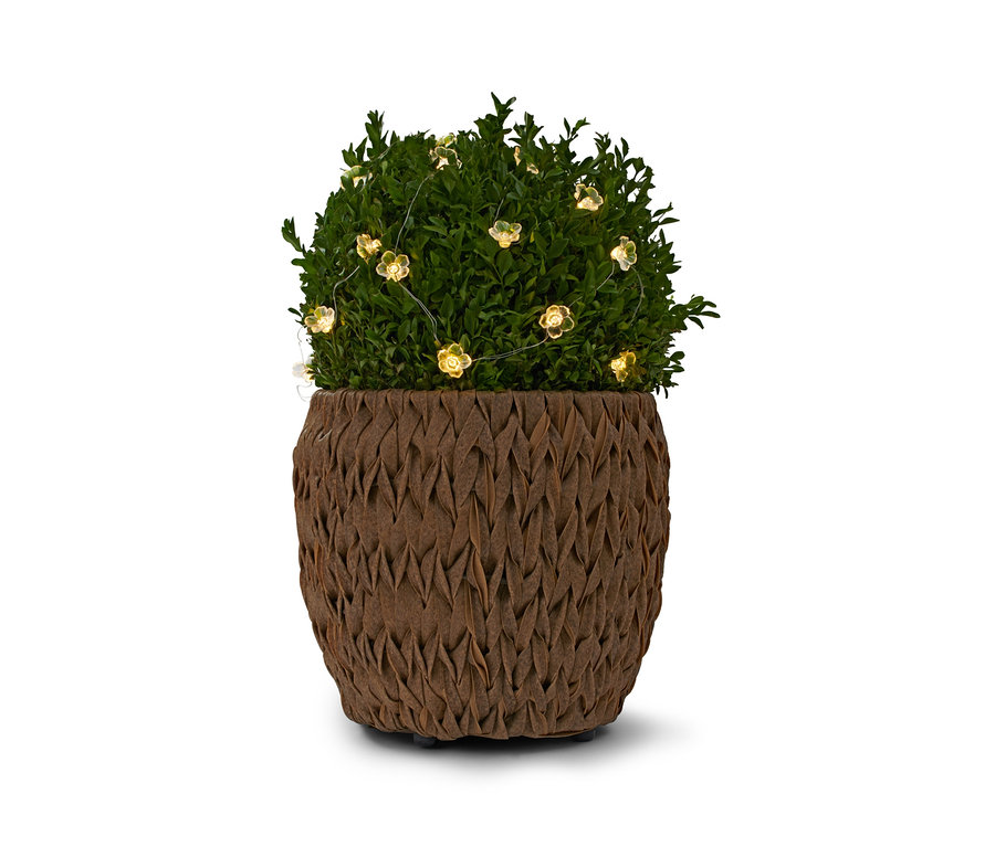 Plante verte dans un pot marron avec une micro-guirlande lumineuse à LED en forme de fleur.