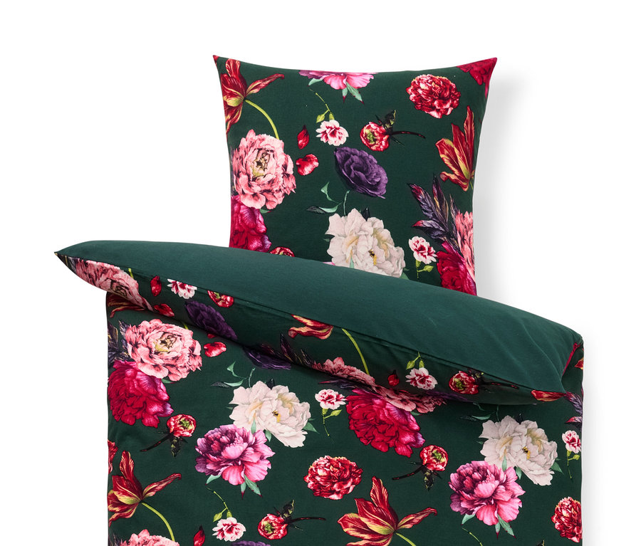 Parure de lit en molleton verte avec un motif floral.