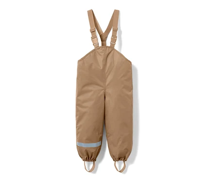 Pantalon de pluie thermique marron pour enfant avec bretelles et bande réfléchissante sur la jambe.