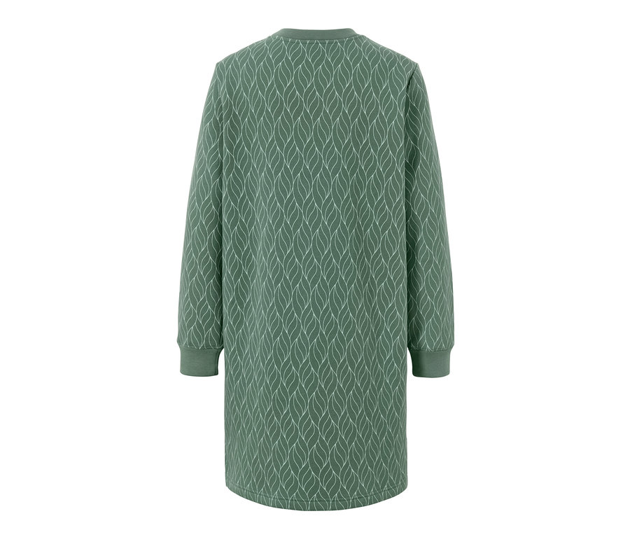 Vue arrière d'une robe d’intérieur à manches longues avec un motif de feuilles sur l'ensemble.