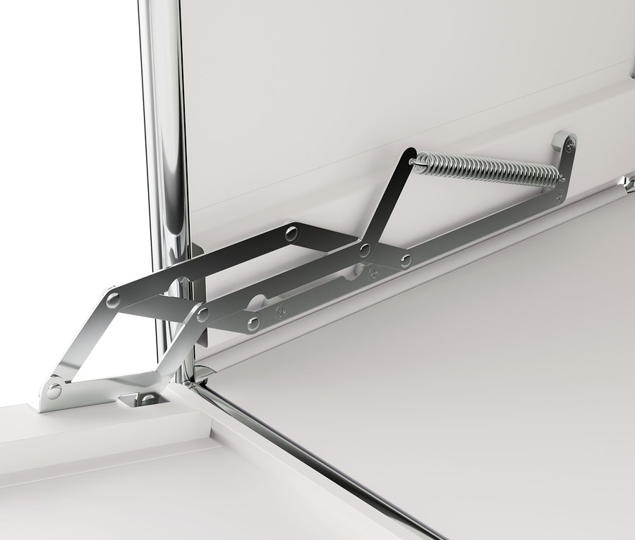 Vue détaillée du mécanisme d'une commode étroite en métal « CN3 » avec abattant.