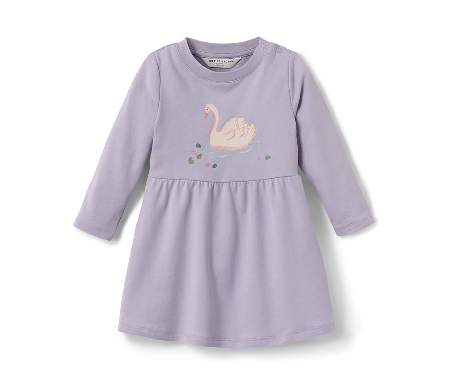 Robe en sweat violette pour enfant avec manches longues et motif cygne.