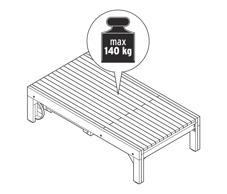 Illustration d'une chaise longue extensible « Tinus » avec matelas de qualité supérieure avec la mention max. 140 kg.
