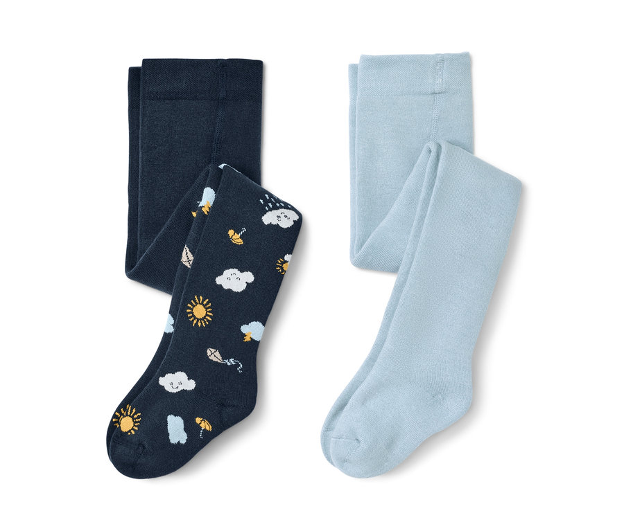 Deux collants thermiques pour tout-petit : un bleu foncé avec des motifs de nuages, de soleil et de pluie, l’autre bleu clair.