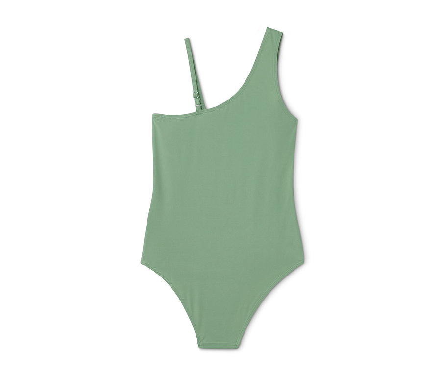 Maillot de bain pour enfant vert avec une bretelle.