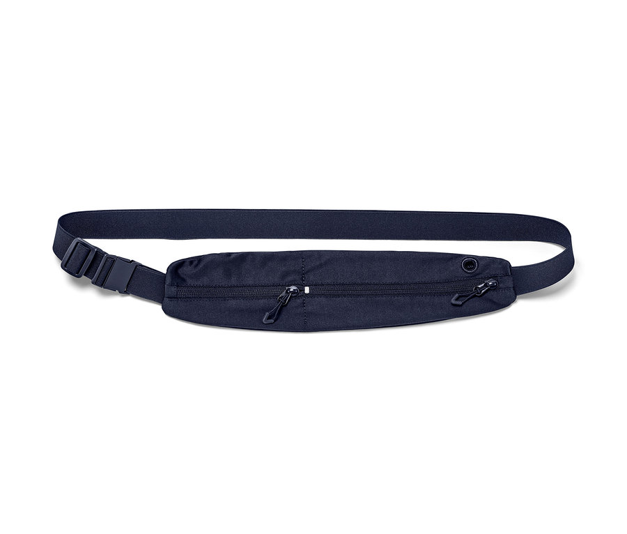 Ceinture de sport bleu marine avec une sangle réglable et deux poches zippées.