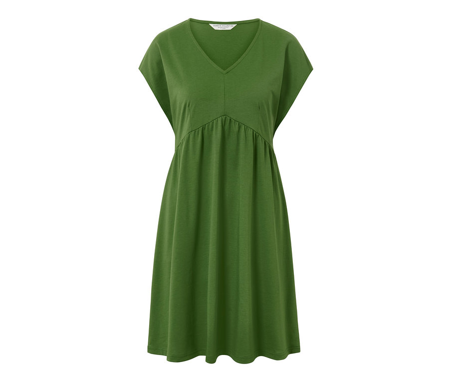 Une robe en jersey verte avec un col en V.