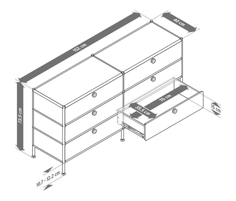 Illustration d'une commode en métal « CN3 » avec 6 tiroirs dont un ouvert, avec dimensions.